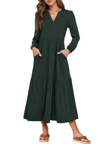 ANRABESS Women's Long Sleeve Fall Flowy Boho Maxi Dresses - color: Dark Green, size: X-Large