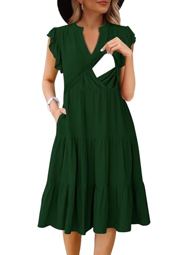 CzzzyL Womens Nursing Midi Dress Breastfeeding Sleeveless Tiered Pockets - color: Dreepgreen, size: Medium