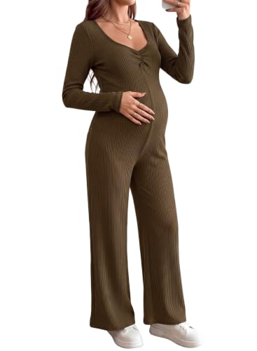 BLENCOT Maternity Ribbed Jumpsuit Long Sleeve Square Neck Stretchy Romper - color: Brown, size: Large