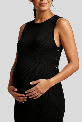 Womens 2026 Summer Maternity Nursing Dress, Rib Knit Split Midi Sleeveless Dress for Breastfeeding