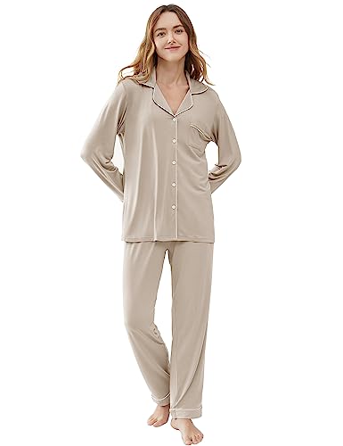Cherrydew Women's Bamboo Viscose Cooling Long Sleeve Button Up Pajama Set - color: Cream, size: Small