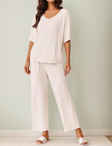 Ekouaer Lounge Sets for Women Comfy Pajamas Set 2 Piece Outfits - color: Beige, size: Large
