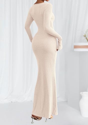 PRETTYGARDEN Women's Fall Long Sleeve Bodycon Maxi Dresses - color: Beige, size: X-Large