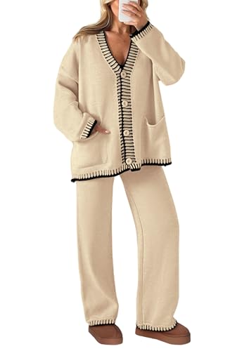 PRETTYGARDEN Women's Fall 2 Piece Knit Sweater Lounge Set - color: Beige, size: Small