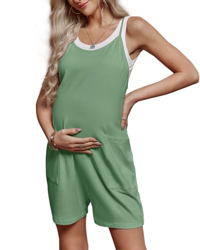 FMEYOA Maternity Romper Sleeveless Overall Shorts Jumpsuit with Pockets - color: Sage Green, size: Medium