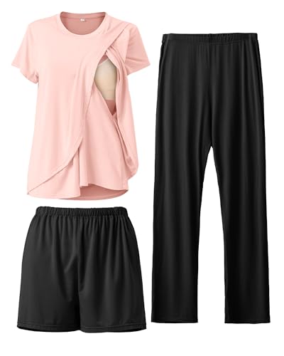 Rnxrbb 3 Piece Postpartum Nursing Pajamas Set Maternity Breastfeeding Pjs - color: 1-light Pink Black, size: Small