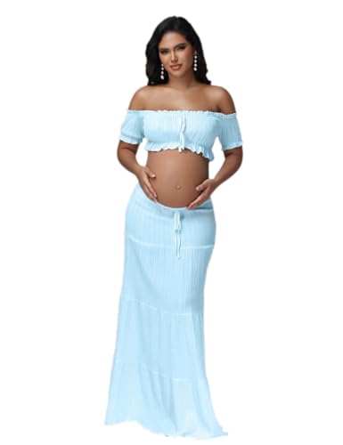 Maternity Boho 2 Piece Outfits Dress for Photoshoot Baby Shower - color: Sky Blue, size: Medium