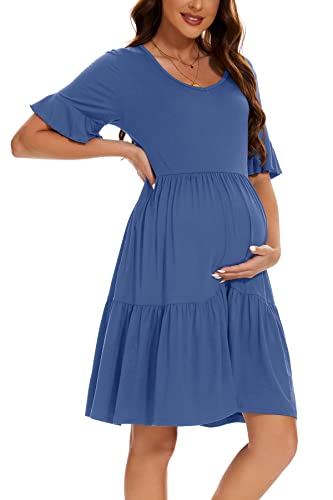 Smallshow Women's Maternity Dress Ruffle Short Sleeve Pregnancy Clothes - color: Grey Blue, size: Medium