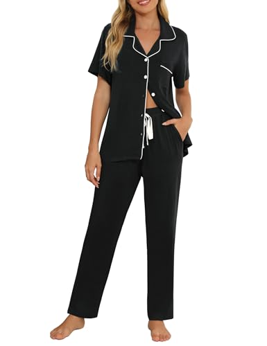 Senert Womens 2 Piece Pajamas Set Button Down Top and Pants Soft Sleepwear - color: Black, size: Medium