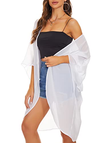 Moss Rose Women's Beach Kimono Coverup Sheer Chiffon Open Front Cover Ups - color: White