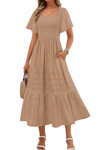 MEROKEETY Womens Summer Midi Dress Short Sleeve Square Neck Boho Long Dress - color: Khaki, size: Small