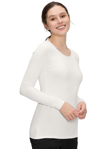 COZYFIT Underscrub Long Sleeve Women, Scrubs Undershirts, Deep Round Neck - color: White, size: Large