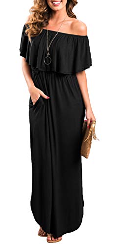 Sarin Mathews Womens Off The Shoulder Ruffle Party Dress Casual Side Split Beach Long Maxi Dresses with Pockets - color: Black, size: Small