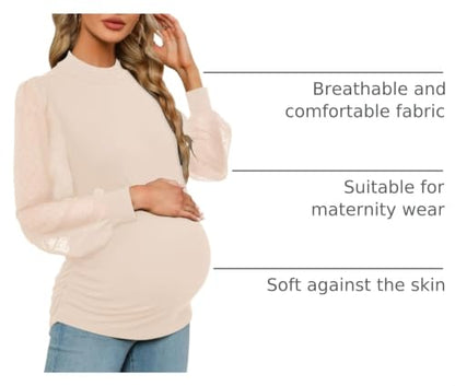 FMEYOA Women's Maternity Shirt Long Sleeve Top Mock Neck Blouse - color: Beige, size: Medium