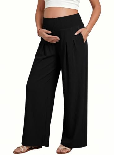BLENCOT Women's Maternity Pants Smocked Palazzo Pregnancy Trousers - color: Black, size: Medium