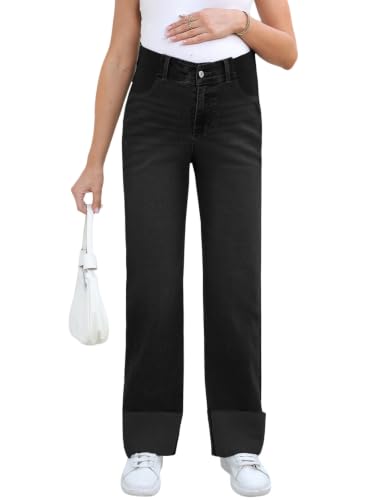 BLENCOT Maternity Jeans for Women Stretchy Summer Cuffed Wide Leg Baggy Denim Pants with Pockets - color: Black, size: X-Large
