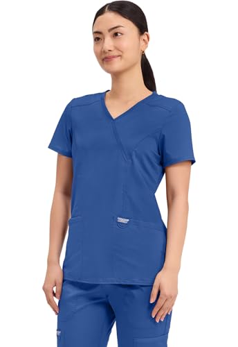 Cherokee Scrubs Top for Women Mock Wrap with 3 Pockets, Soft, 2-Way Stretch & Durable Fabric - WW610 - color: Galaxy Blue, size: Medium