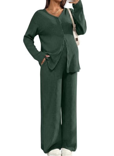 BLENCOT Maternity Lounge Set 2 Piece Long Sleeve Top and Pants with Pockets - color: Dark Green, size: Medium