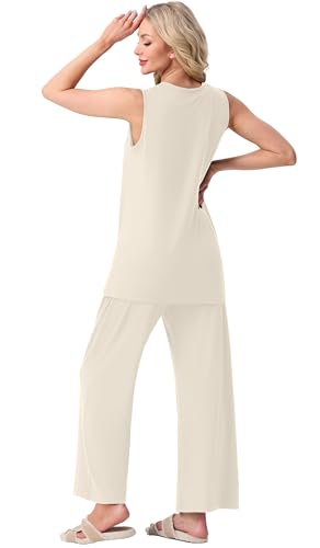 PrinStory Womens Pajamas Sets Sleeveless Pjs Set S-4XL - color: Beige Apricot, size: Medium