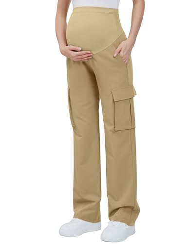 GLAMIX Women's Maternity Cargo Pants with Four Pockets Over The Belly Scrub Pants Pregnancy Clothes - color: Khaki, size: Small