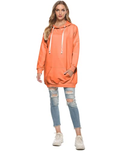 Famulily Womens Oversized Hoodie Extra Long Hooded Tunic Sweatshirt with Pockets - color: Orange, size: Small
