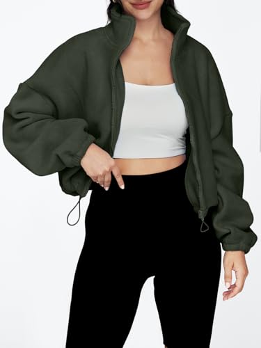 AUTOMET Womens Fleece Jackets Zip Up Oversized Cropped Sweatshirts - color: Armygreen, size: Small