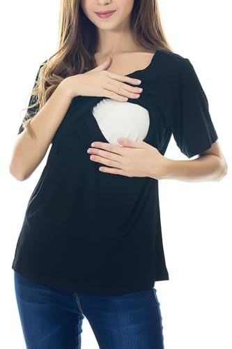 Smallshow Women's Maternity Nursing Tops Short Sleeve Breastfeeding Clothes - color: Black-light Grey-svp121(3 Pack), size: Medium