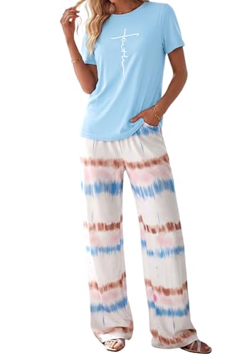 PRETTYGARDEN Pajamas for Women 2 Piece Lounge Set - color: Light Blue, size: Large