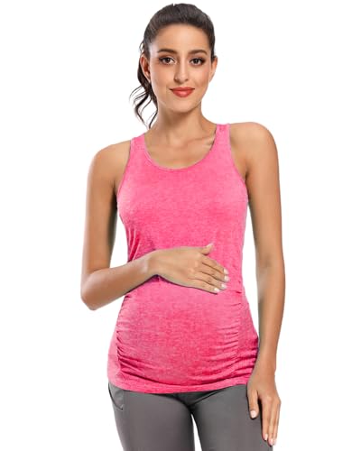 Ecavus Women's Maternity Tank Tops Racerback Ruched Workout Top - color: Heather Pink, size: Large