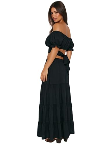 Womens 2 Piece Outfit Boho Summer Vacation Top Maxi Skirt Set - color: Black, size: Medium