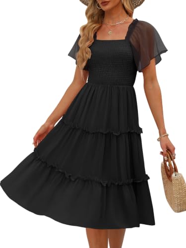 LILLUSORY Women Tiered Flutter Sleeve Square Neck Smocked Midi Dress - color: Black, size: X-Large