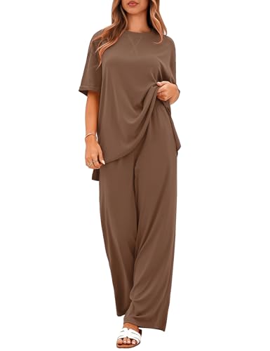 Totatuit Two Piece Sets For Women Vacation Oversized Loungewear Outfits - color: Coffee, size: Medium