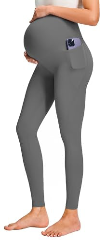 JOYSPELS Smooth Feeling Maternity Workout Leggings with Pockets Pregnancy Pants Over The Belly - color: Grey, size: Small