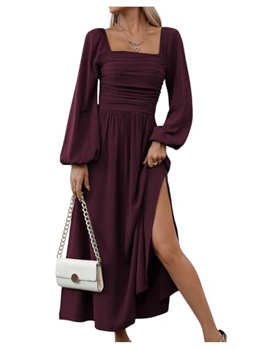 Floerns Women's Square Neck Lantern Long Sleeve Split Ruched Midi Dresses - color: Maroon, size: Medium