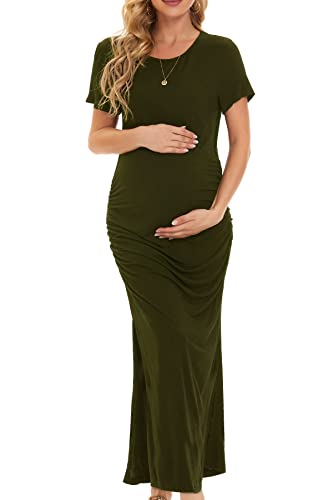 Smallshow Women's Split Long Short Sleeve Maternity Dress - color: Army Green, size: Small