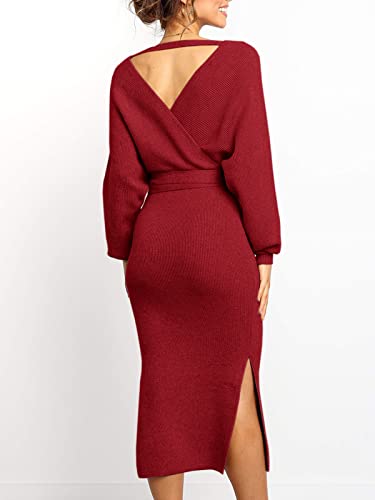 Womens Maxi Sweater Dress Long Sleeve Batwing Wrap V Neck Fall Dresses - color: 1-burgundy, size: Large
