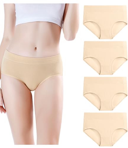 wirarpa Women's Underwear Cotton Mid Waisted Ladies Panties Full Coverage Briefs 4 Pack (Regular & Plus Size) - color: Beige-4 Pack, size: Small