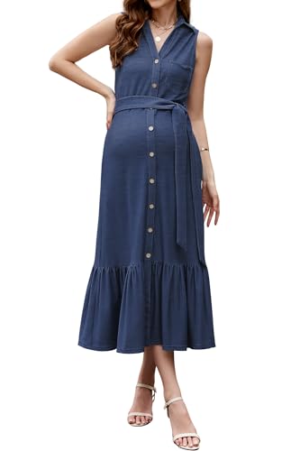 OUGES Womens 2025 Spring Maternity Dress Polo V Neck Sleeveless Ruffle Button Pregnancy Casual Work Dress with Pockets - color: Navy Blue, size: XX-Large