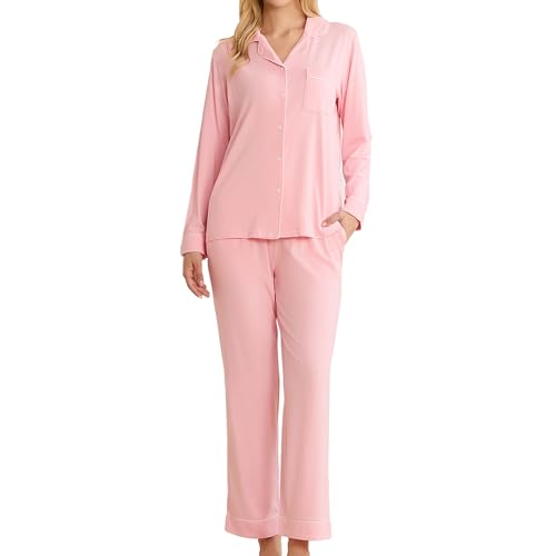 LYCY Cotton Pajamas for Women Set Long Sleeve Lounge Button Up with Pockets - color: Pink, size: X-Large