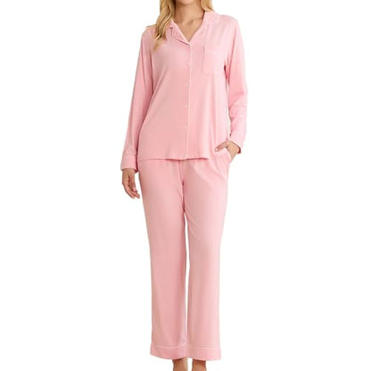 LYCY Cotton Pajamas for Women Set Long Sleeve Lounge Button Up with Pockets - color: Pink, size: X-Large