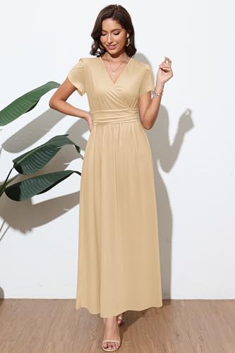 OUGES Women's Wrap V Neck Summer Maternity Photoshoot Dress with Pockets - color: Beige, size: XX-Large