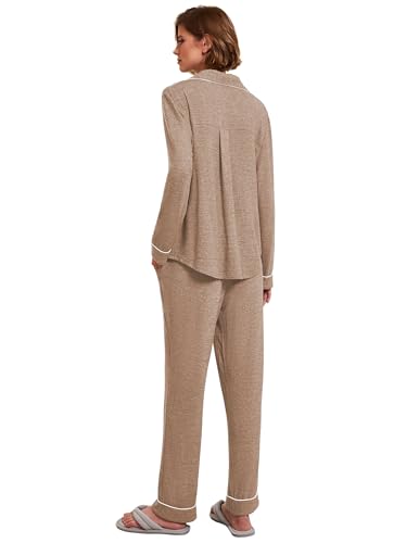 Ekouaer Women's Pajamas Long Sleeve Loungewear Casual Button Down Pjs - color: Light Brown, size: Medium