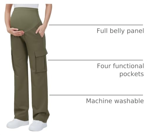 GLAMIX Women's Maternity Cargo Pants with Four Pockets Over The Belly Scrub Pants Pregnancy Clothes - color: Olive, size: X-Large