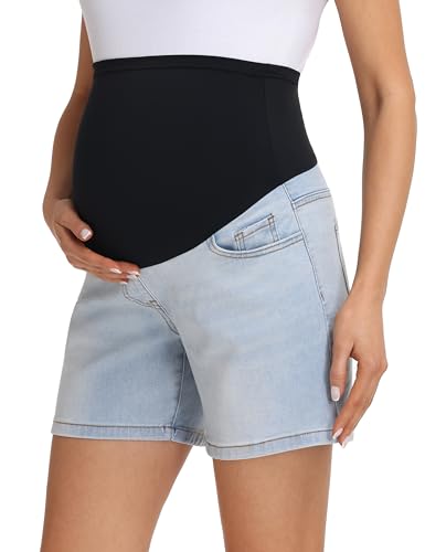 Foucome Women's Maternity Jean Shorts Over the Belly - color: Light Blue, size: Small