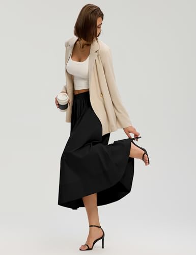 LOMON Midi Skirts for Women with Pockets A-Line Cotton Flowy Elastic Waist - color: Black, size: Small