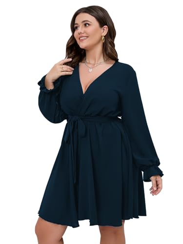 SCOMCHIC Women's Plus Size Long Sleeve Wrap V Neck A Line Mini Dress - color: Lake Blue, size: 3X-Large Plus