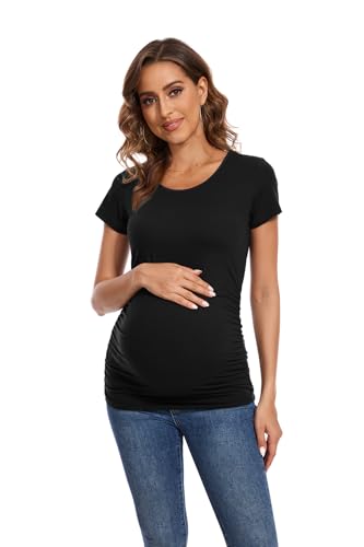 Smallshow Women's 4 Pack Maternity Shirts Short Sleeve Pregnancy Tops Clothes - color: Black-deep Grey-light Grey-light Grey Stripe(4 Pack), size: Large