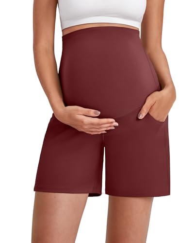 G4Free Maternity Shorts with Pockets Over The Belly Stretchy Pregnancy Yoga Pants Athletic Workout 6'' 10'' - color: Dark Burgundy, size: X-Small