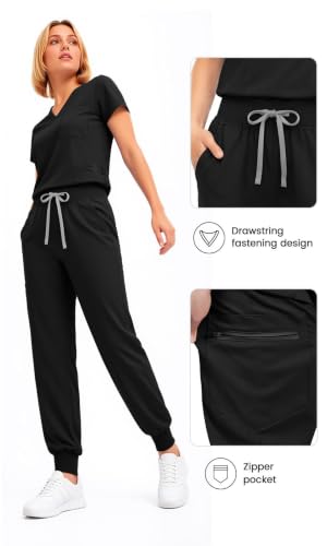 Scrubs for Women Set, V-Neck Top & Jogger Pants - color: Black, size: 3X-Large
