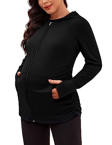 DEBELLY Maternity Sweatshirt Zip Up Hoodie Pockets Pregnancy Postpartum - color: Black, size: Large